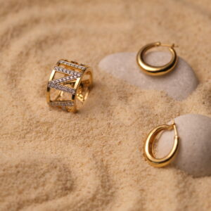 DIAMOND NAME RING/ GOLD EARRINGS